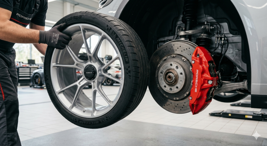 Mecânico removendo roda para limpeza de pinça de freio metálica