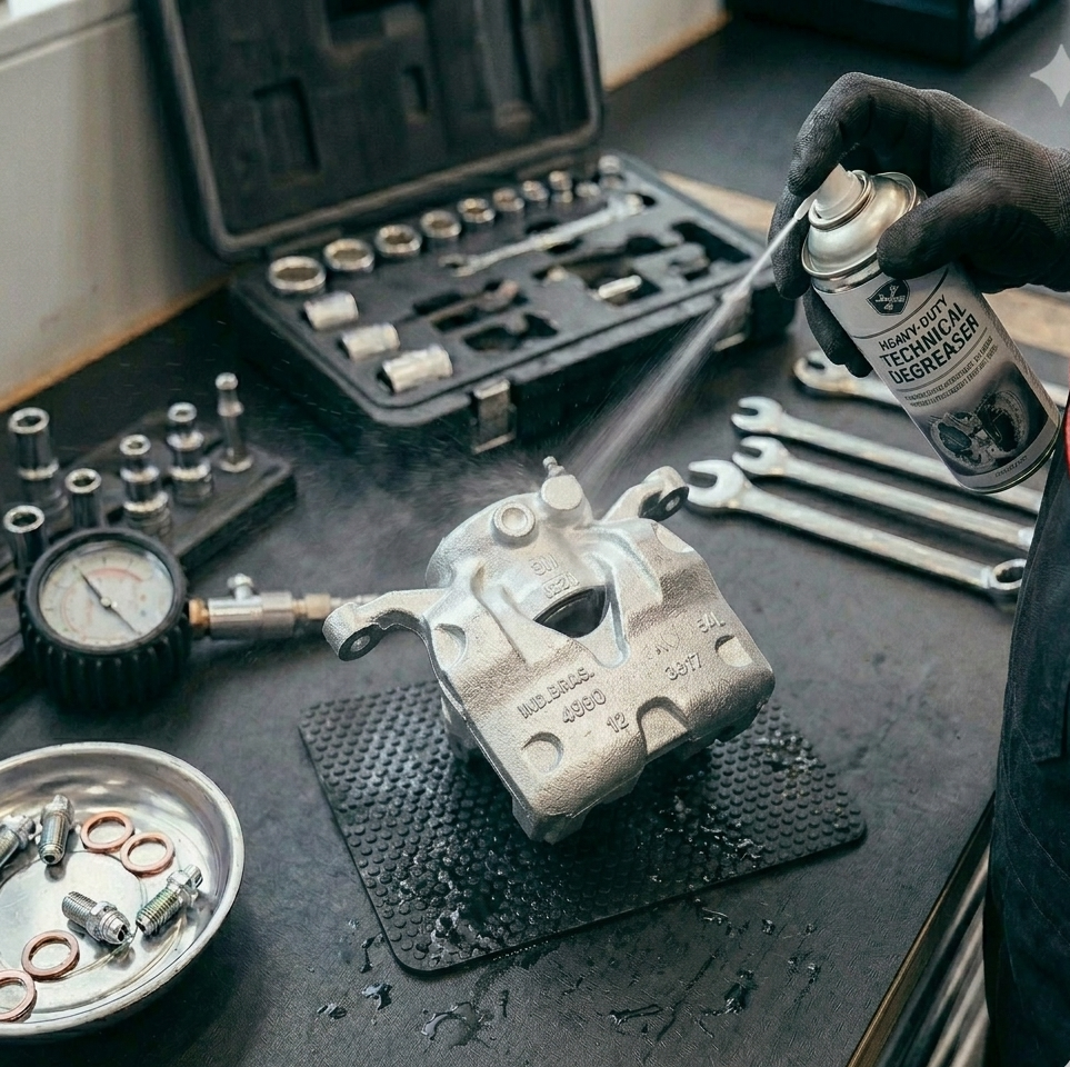Aplicação de spray limpador de freios em pinça desmontada