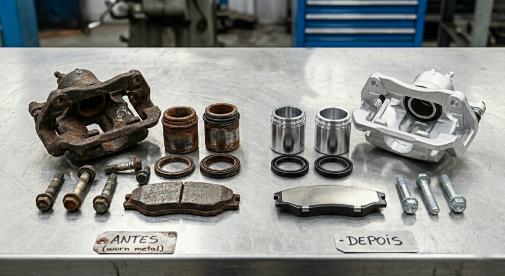 Remanufatura de Pinça de Freio: Quando Vale a Pena Fazer o Reparo? 1 Componentes internos de uma pinça de freio desmontada para processo de remanufatura em oficina especializada.