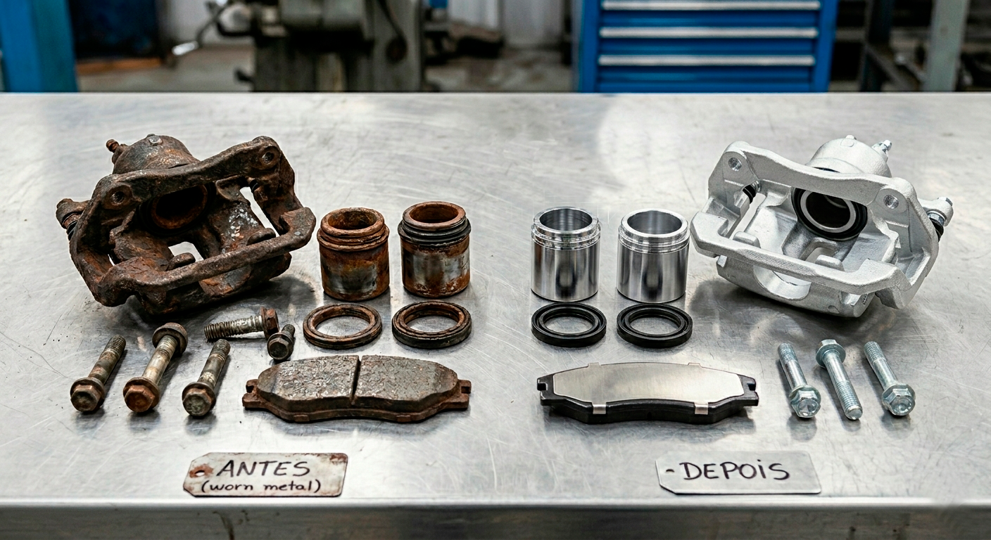 Componentes internos de uma pinça de freio desmontada para processo de remanufatura em oficina especializada.