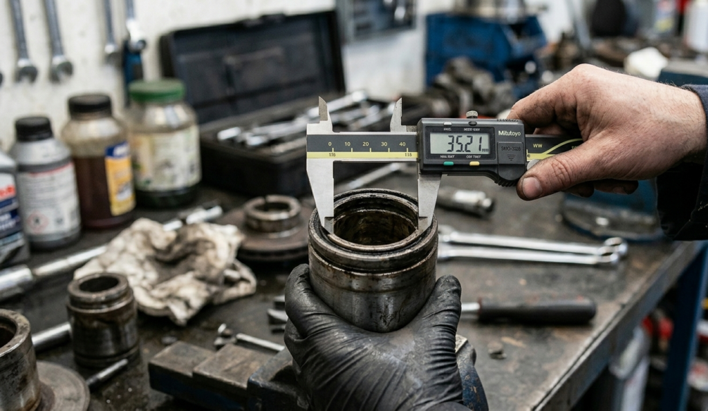 Remanufatura de Pinça de Freio: Quando Vale a Pena Fazer o Reparo? 2 Mecânico especializado utiliza paquímetro digital para medição de precisão em pistão de pinça de freio remanufaturada.