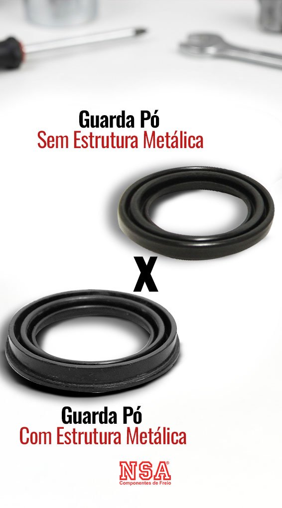 Comparacao entre guarda po de pinca de freio com anel metalico e sem anel metalico sobre bancada de oficina