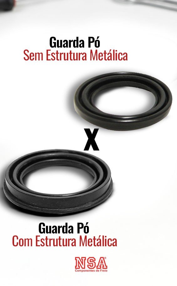 Comparação entre guarda-pó de pinça de freio com anel metálico e sem anel metálico sobre bancada de oficina