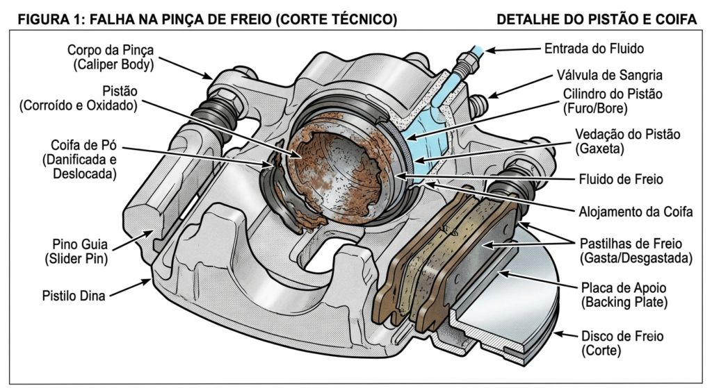 Guarda-Pó de Pinça de Freio Contaminado: Causas, Riscos e O Que Fazer Antes de Trocar 2 Corte transversal de pinça de freio com pistão oxidado e guarda-pó deslocado, mostrando como a contaminação evolui internamente